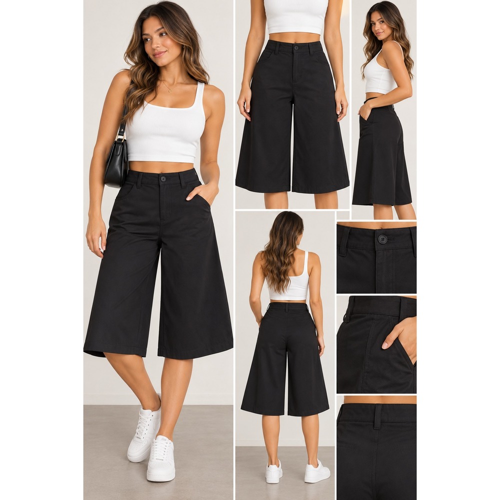 Beauty Womens M Black Wide Leg Bermuda Shorts Culottes High Rise Pockets
